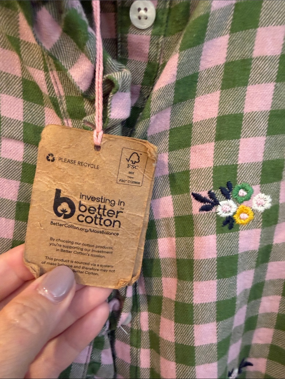 Boden Pink and Green Gingham Flannel Button-Down Floral Embroidery NWT 2 - Picture 3 of 6